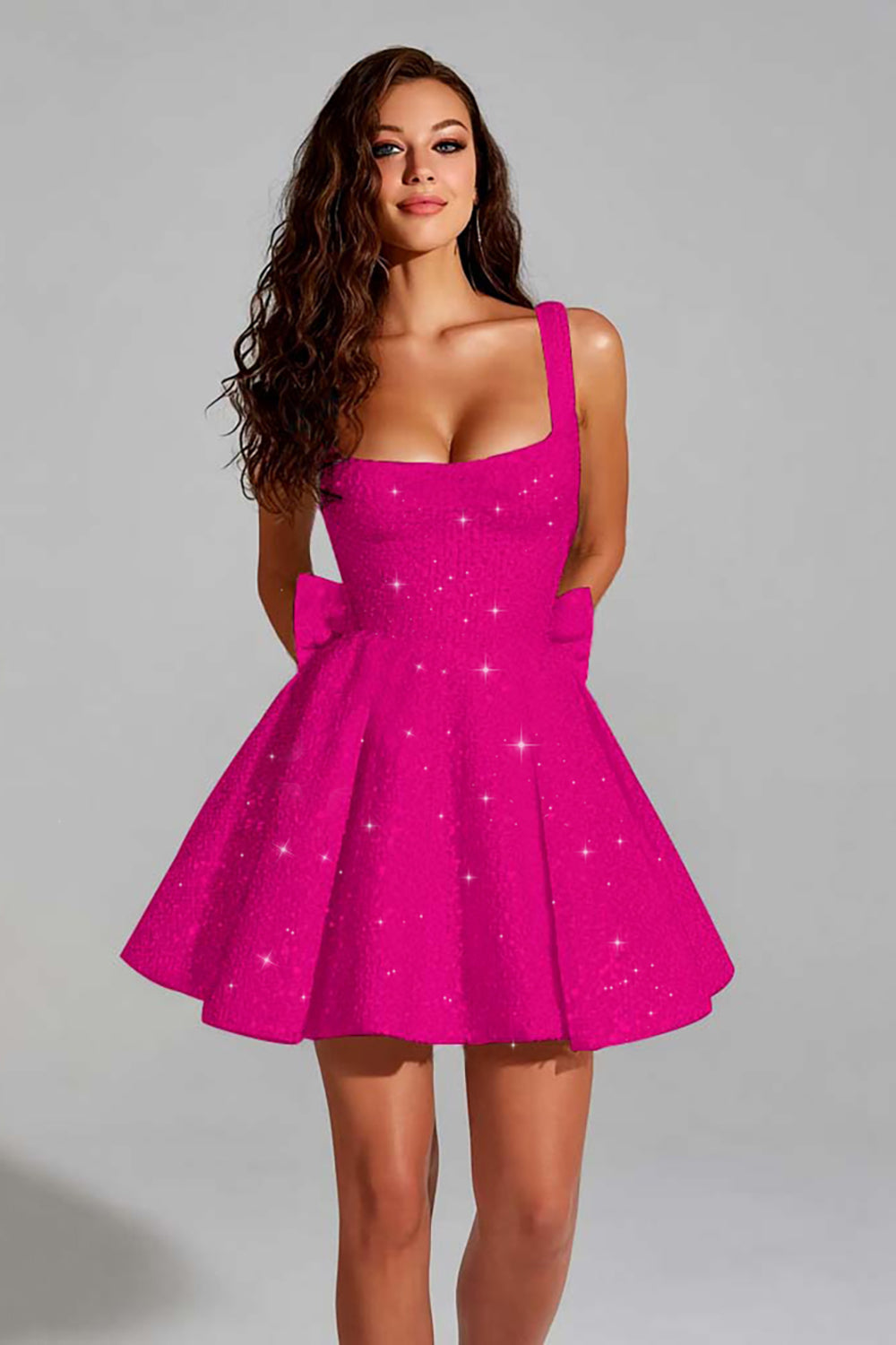 Sparkly A Line Square Neck Sequins Short Homecoming Dress with Back Giant Bow