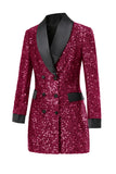 Glitter Burgundy Bodycon Maxi Women's Blazer with Sequins