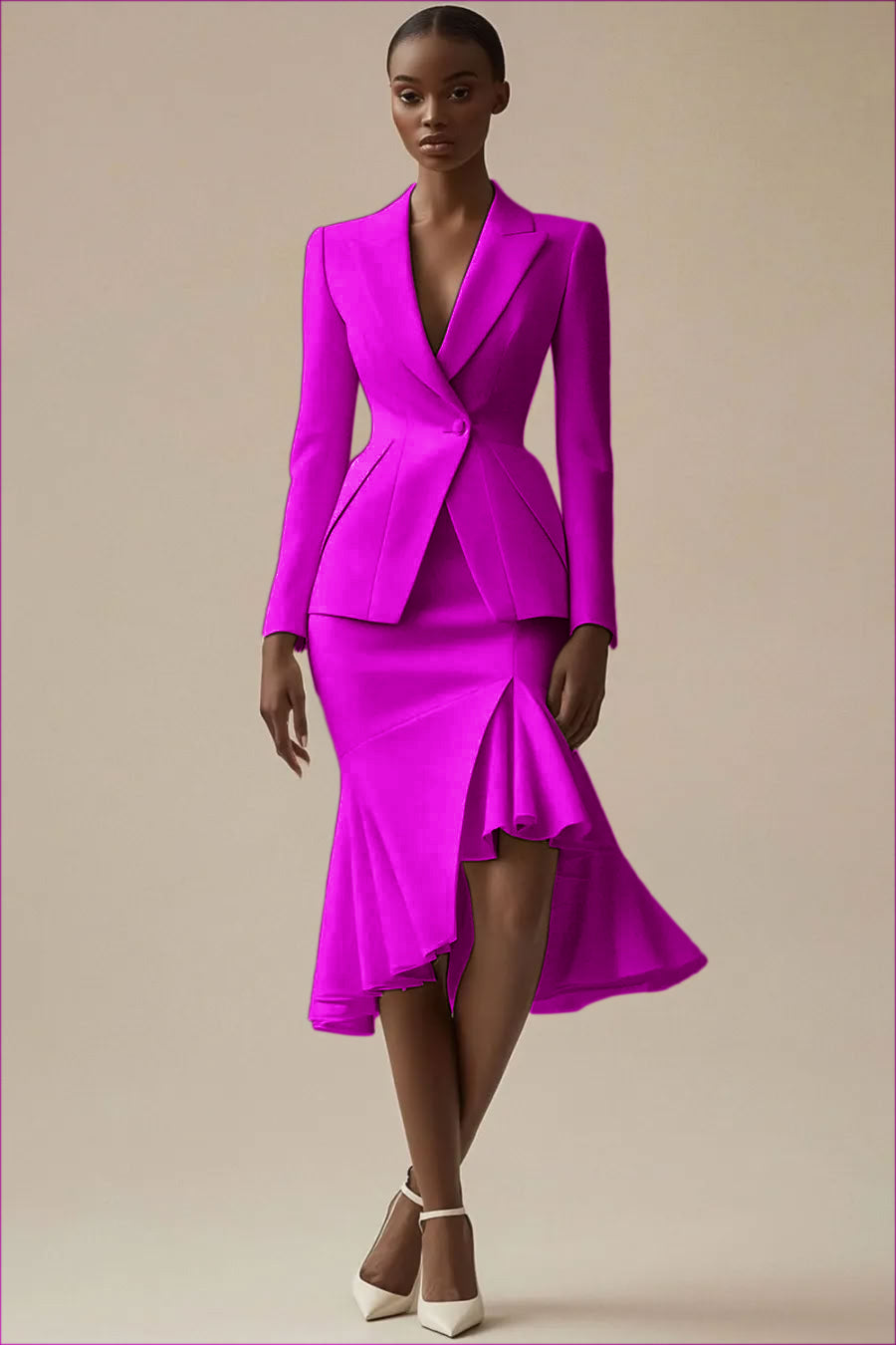 Burgundy Ruffled Peak Lapel 2 Piece Midi Work Dress