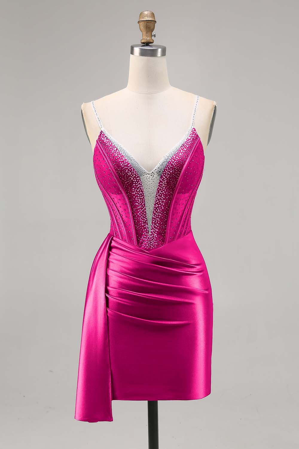 Sparkly Navy Satin Beaded Corset Short Cocktail Dress with Sash