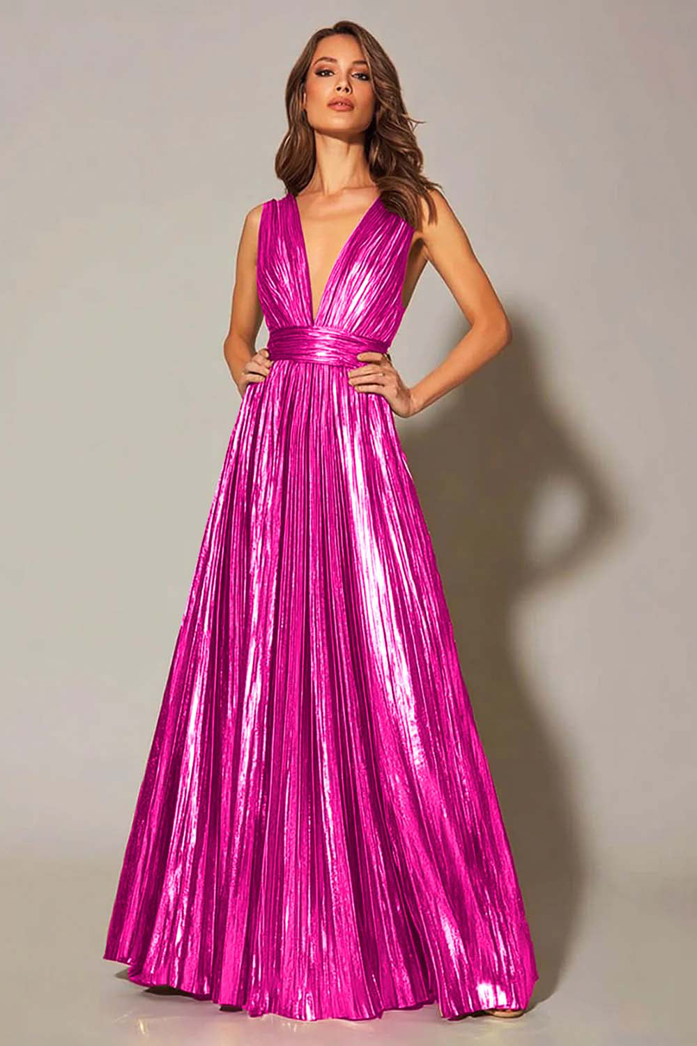 Golden Metallic A Line Pleated Formal Dress