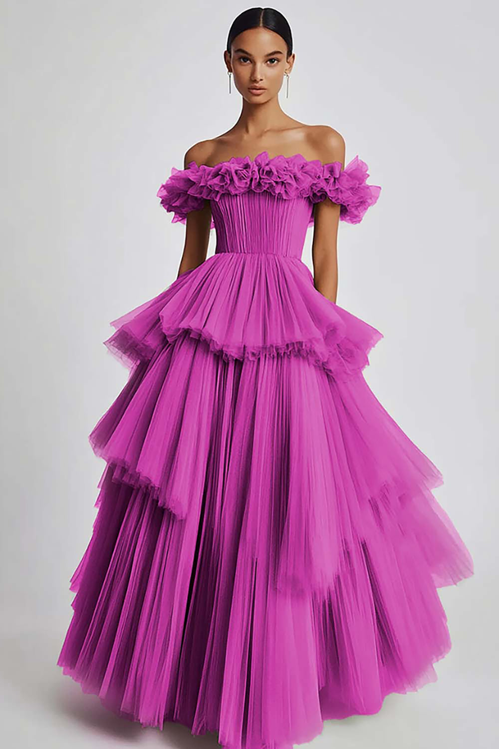 Black Tulle Off The Shoulder Ball Gown Long Formal Dress with Ruffles