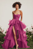 Navy Ball Gown Sweetheart Ruffled Long Formal Dress with Front Slit