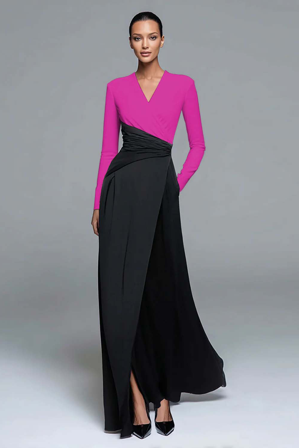 Black and White Patchwork Long Sleeves Formal Dress with Pockets