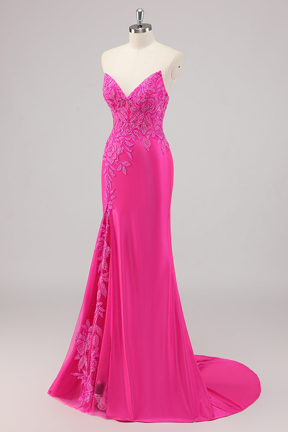 Sparkly Fuchsia Mermaid Beaded Long Formal Dress with Appliques