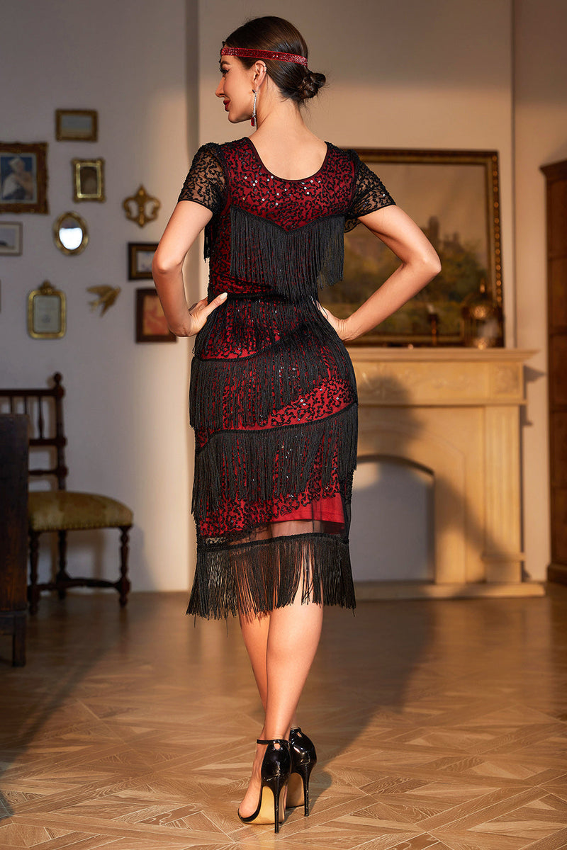 ZAPAKA Women Roaring 20s Party Dress Black Red Beaded Gatsby