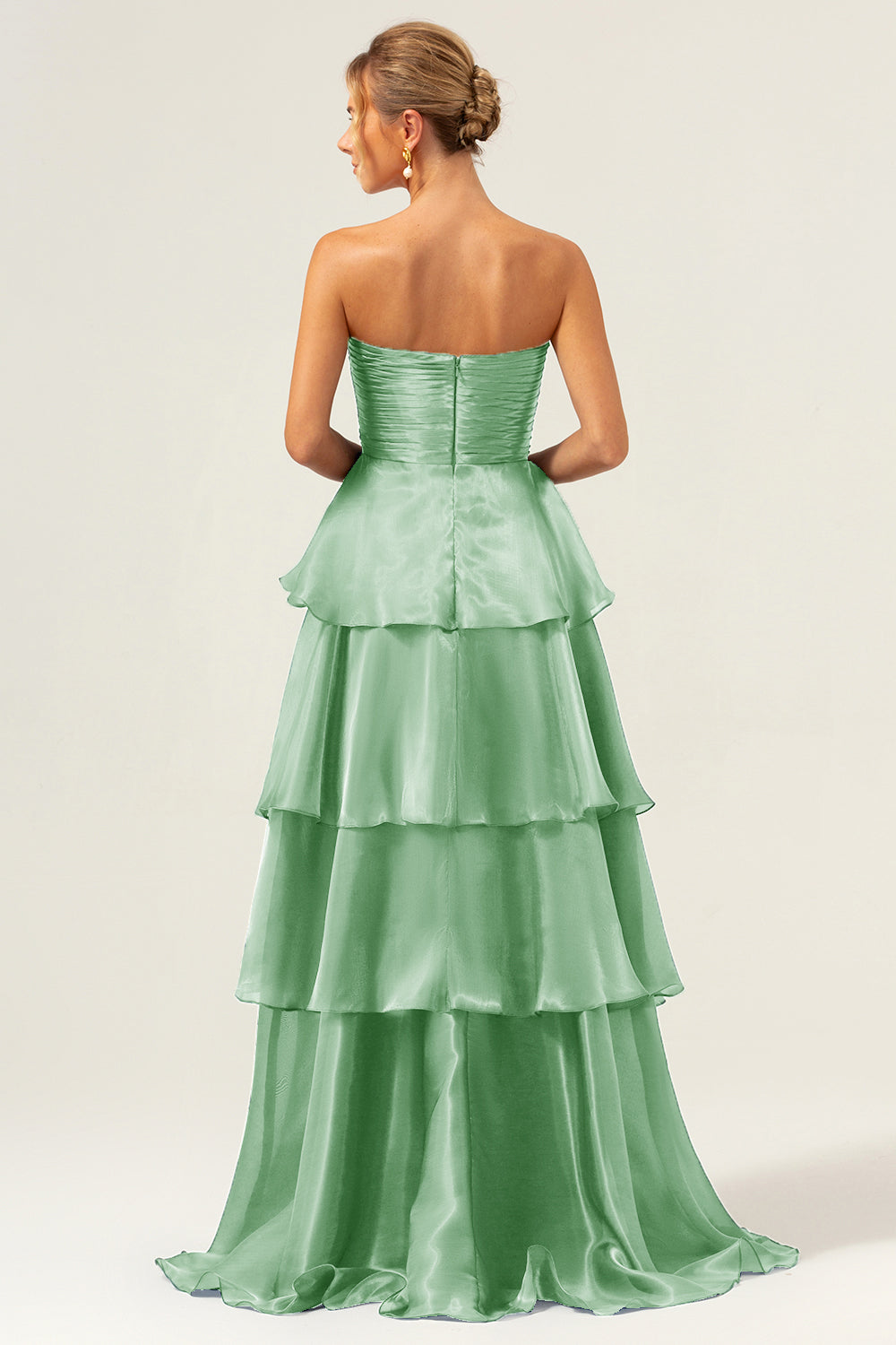 Dark Navy A Line Strapless Tiered Satin Long Formal Dress