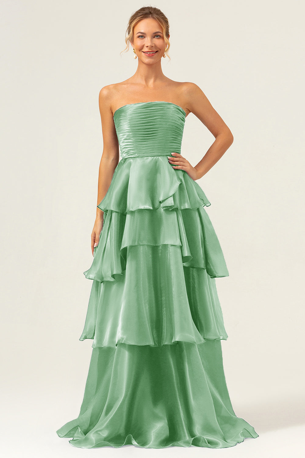 Dark Navy A Line Strapless Tiered Satin Long Formal Dress