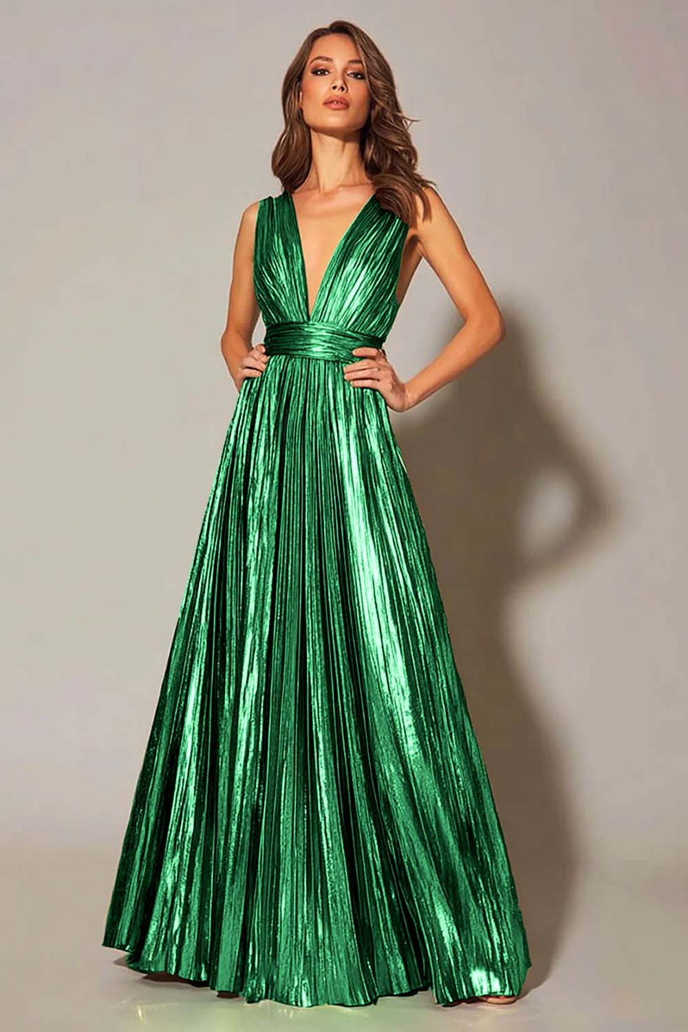 Golden Metallic A Line Pleated Formal Dress