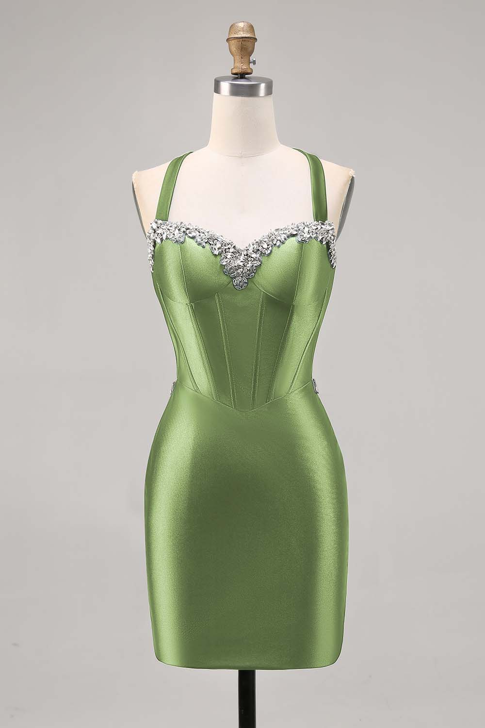 Sparkly Dark Green Satin Corset Short Cocktail Dress