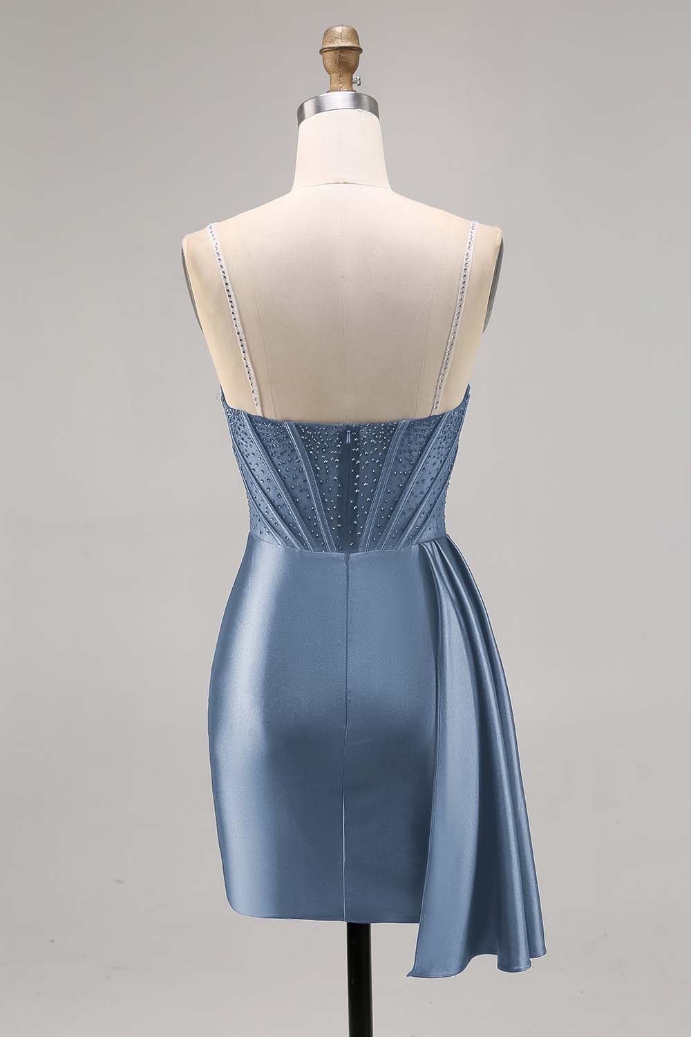 Sparkly Navy Satin Beaded Corset Short Cocktail Dress with Sash