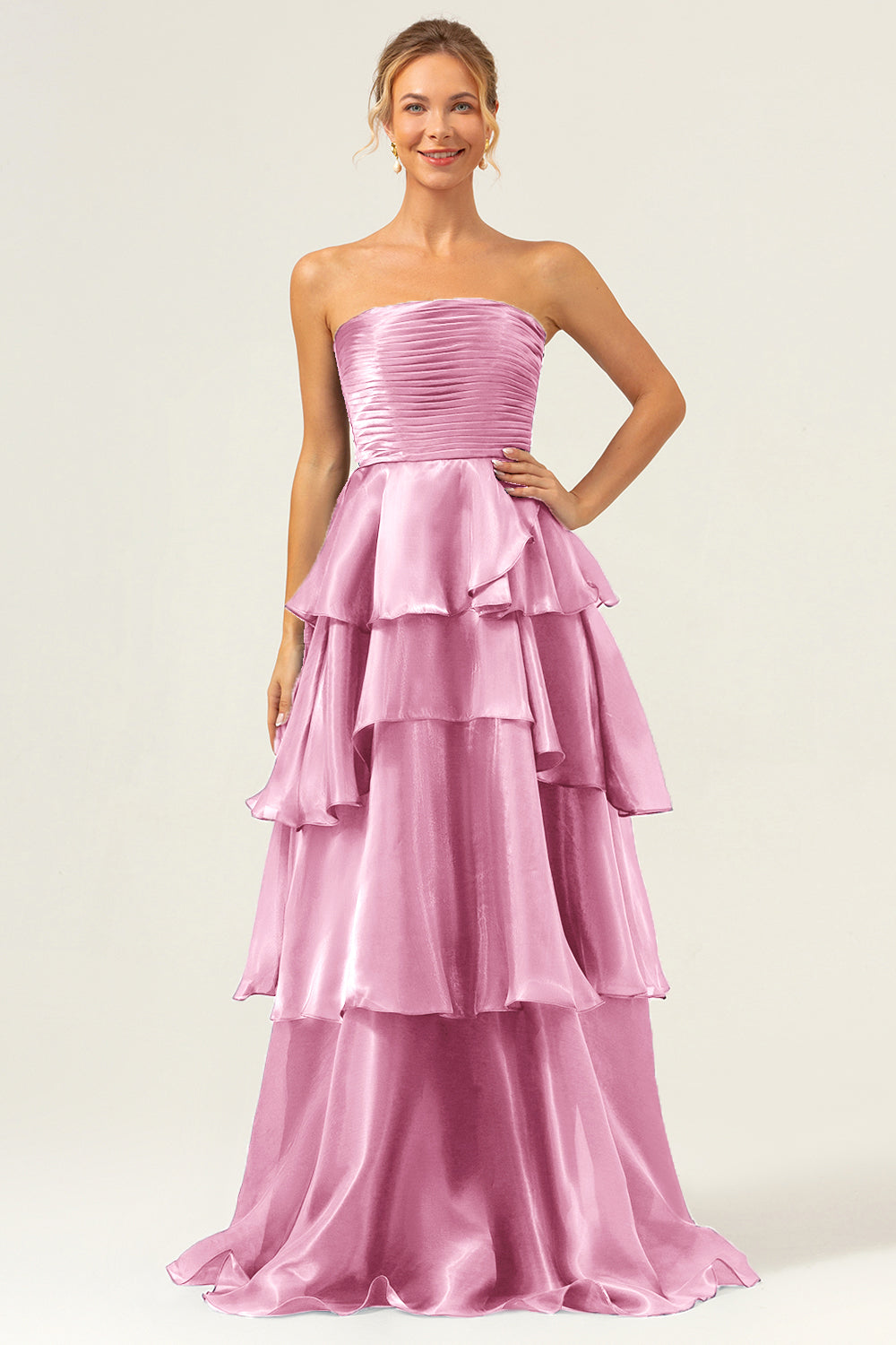 Dark Navy A Line Strapless Tiered Satin Long Formal Dress