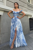 White Blue Flower A-Line Off the Shoulder Bridesmaid Dress with Slit