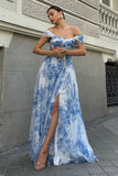 White Blue Flower A-Line Off the Shoulder Bridesmaid Dress with Slit