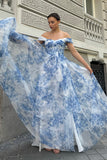 White Blue Flower A-Line Off the Shoulder Bridesmaid Dress with Slit