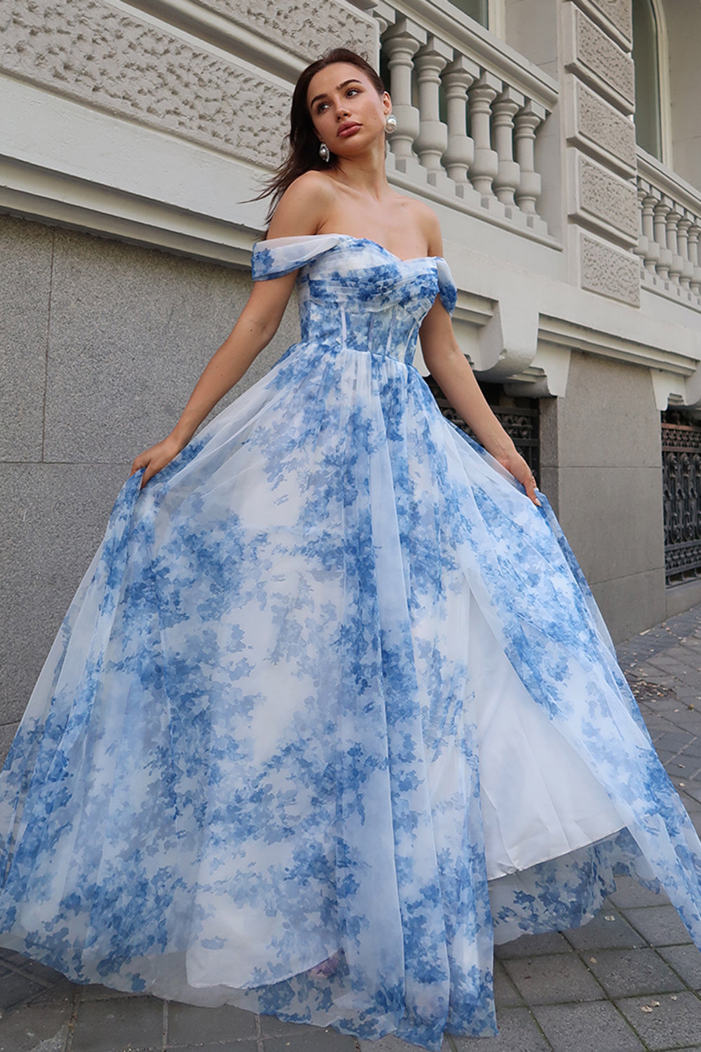 White Blue Flower A-Line Off the Shoulder Bridesmaid Dress with Slit