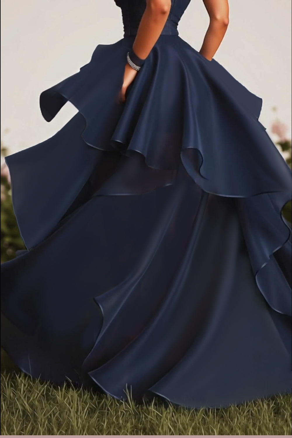 Navy Ball Gown Sweetheart Ruffled Long Formal Dress with Front Slit