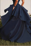 Navy Ball Gown Sweetheart Ruffled Long Formal Dress with Front Slit