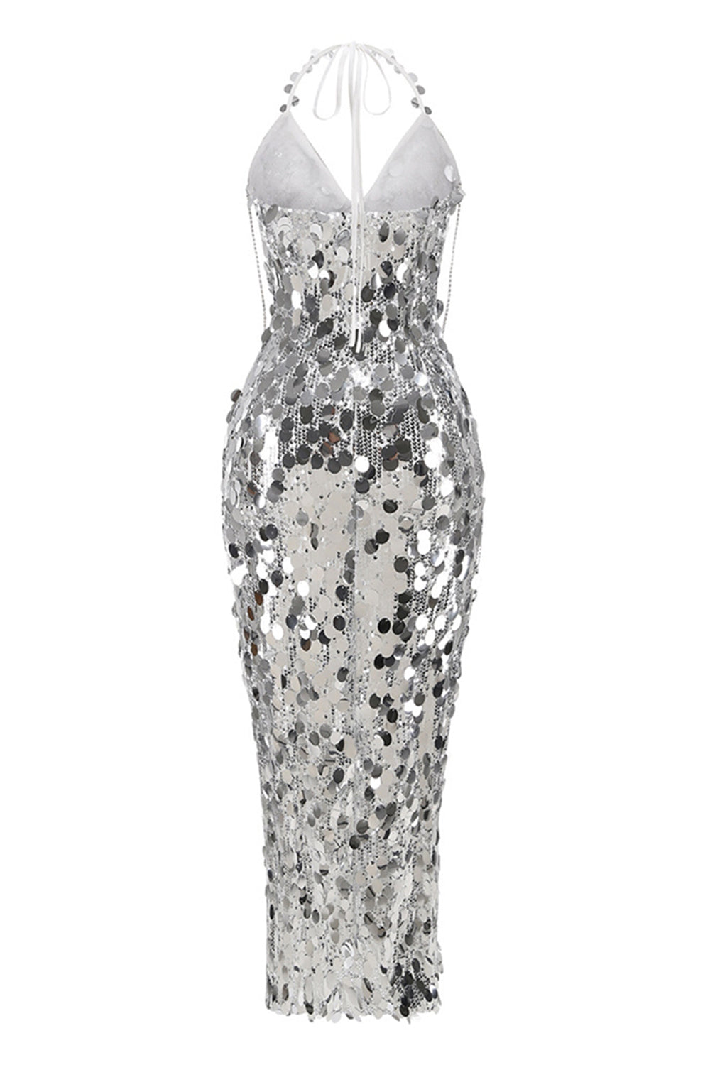 Sparkly Silver Sheath Halter V Neck Sequins Short Cocktail Dress
