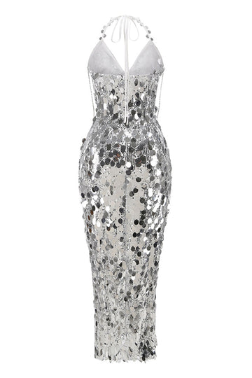 Sparkly Silver Sheath Halter V Neck Sequins Short Cocktail Dress