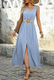 Army Green Scoop Neck A Line Long Summer Dress with Belt