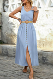 Army Green Scoop Neck A Line Long Summer Dress with Belt