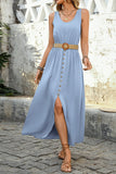 Army Green Scoop Neck A Line Long Summer Dress with Belt