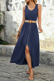 Army Green Scoop Neck A Line Long Summer Dress with Belt