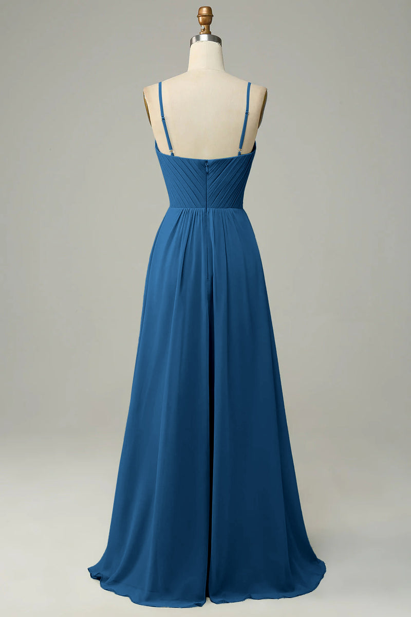 Load image into Gallery viewer, Dusty Blue Spaghetti Straps Sleeveless Bridesmaid Dress