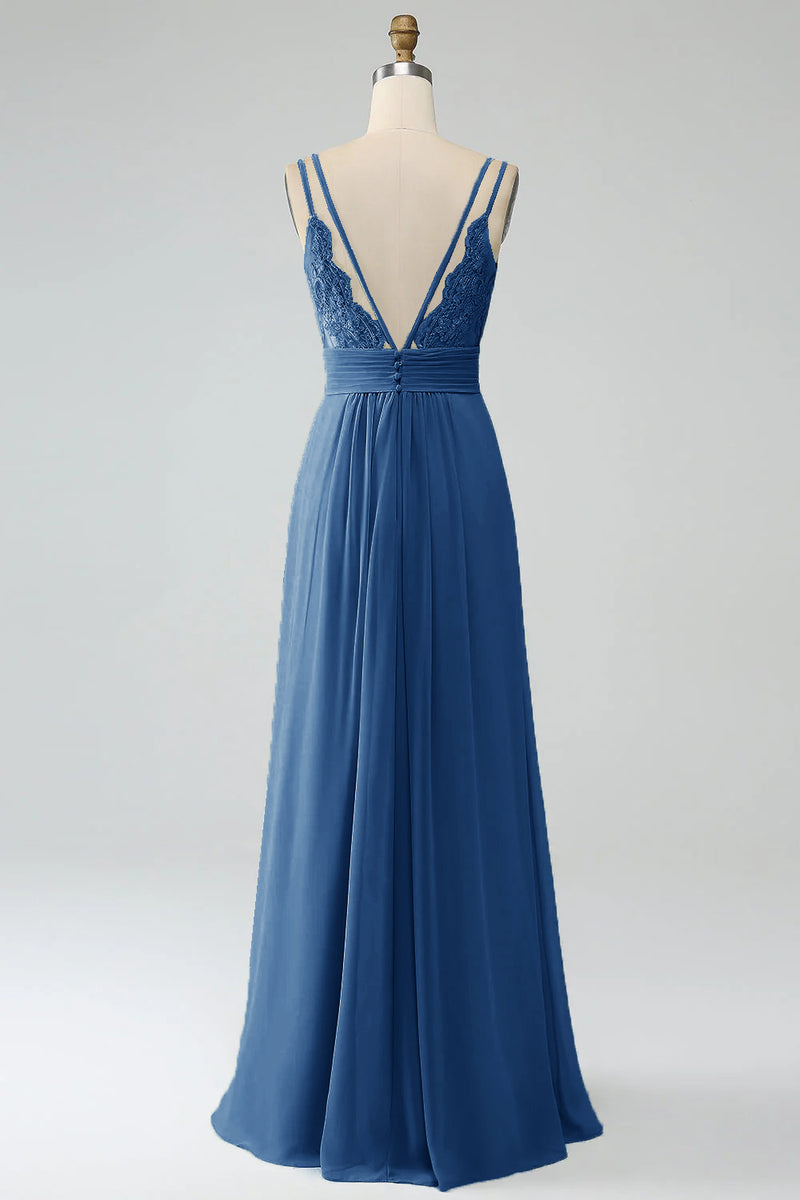 Load image into Gallery viewer, Dusty Blue A-Line Spaghetti Straps Pleated Chiffon Long Bridesmaid Dress