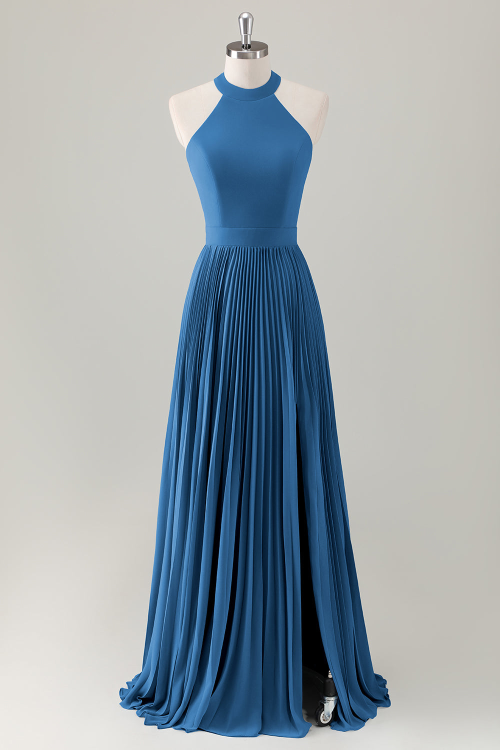 Grey Blue A-Line Halter Long Bridesmaid Dress with Slit