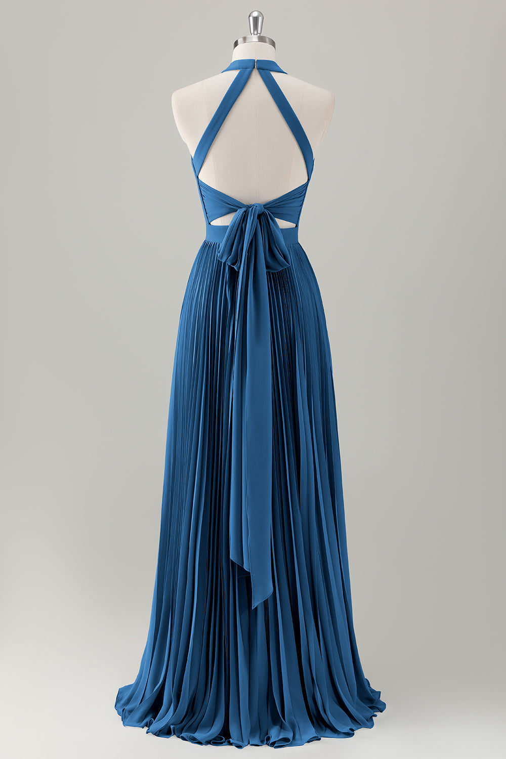 Grey Blue A-Line Halter Long Bridesmaid Dress with Slit