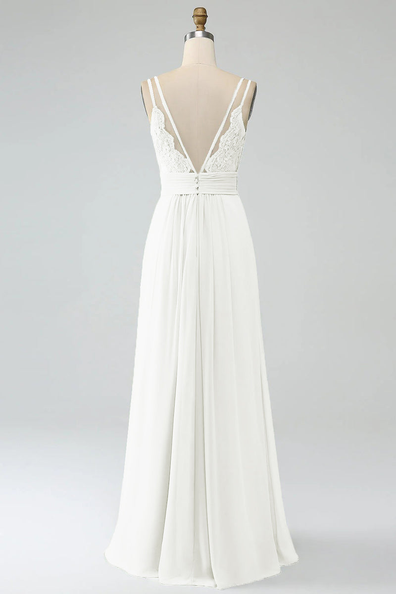 Load image into Gallery viewer, A-Line Peacock Spaghetti Straps Pleated Chiffon Long Bridesmaid Dress