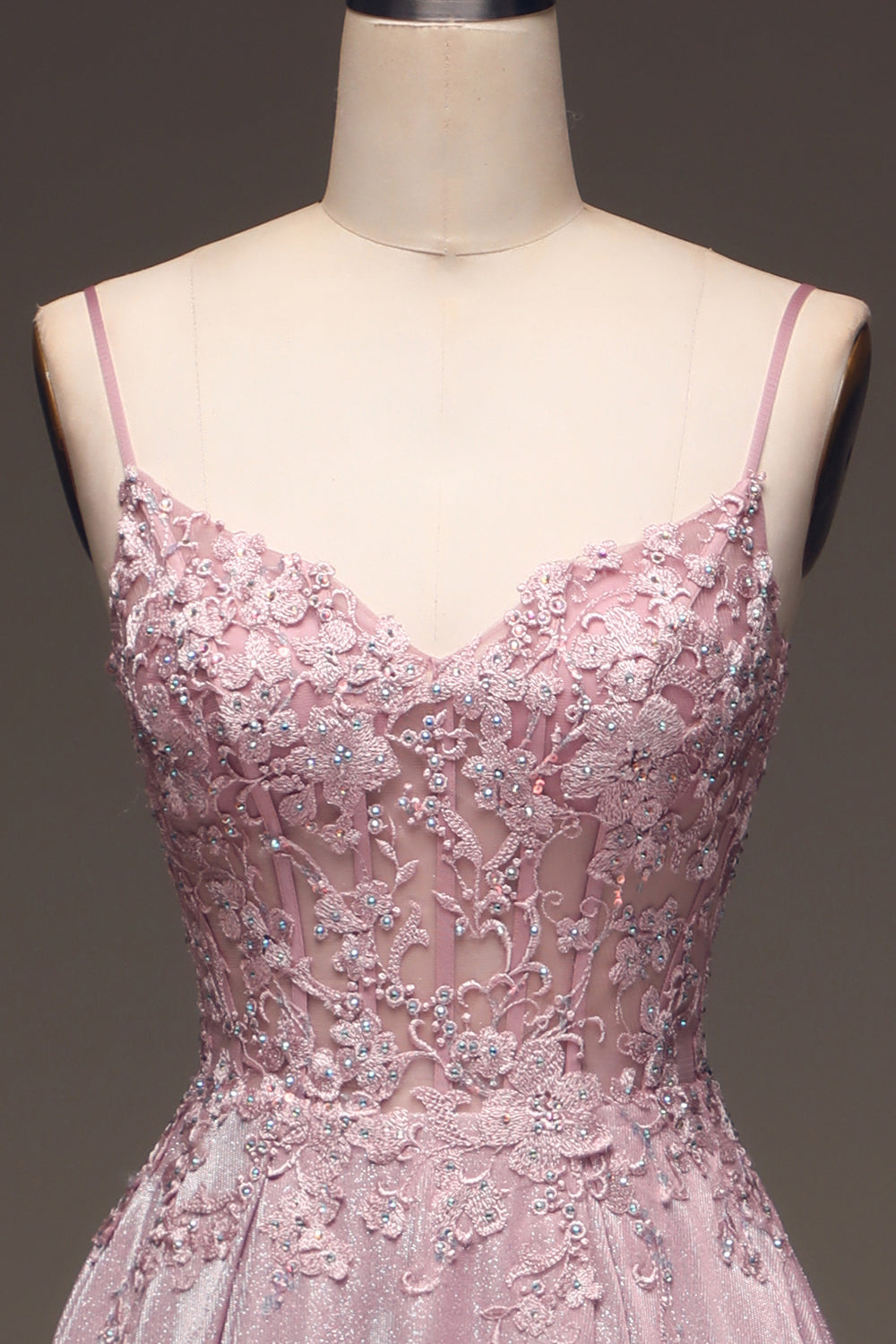 Glitter Blush Corset A-Line Pearls Long Formal Dress with Appliques