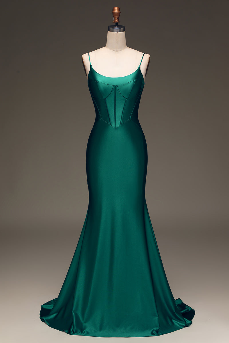 Zapaka Women Dark Green Mermaid Long Satin Formal Dress Spaghetti