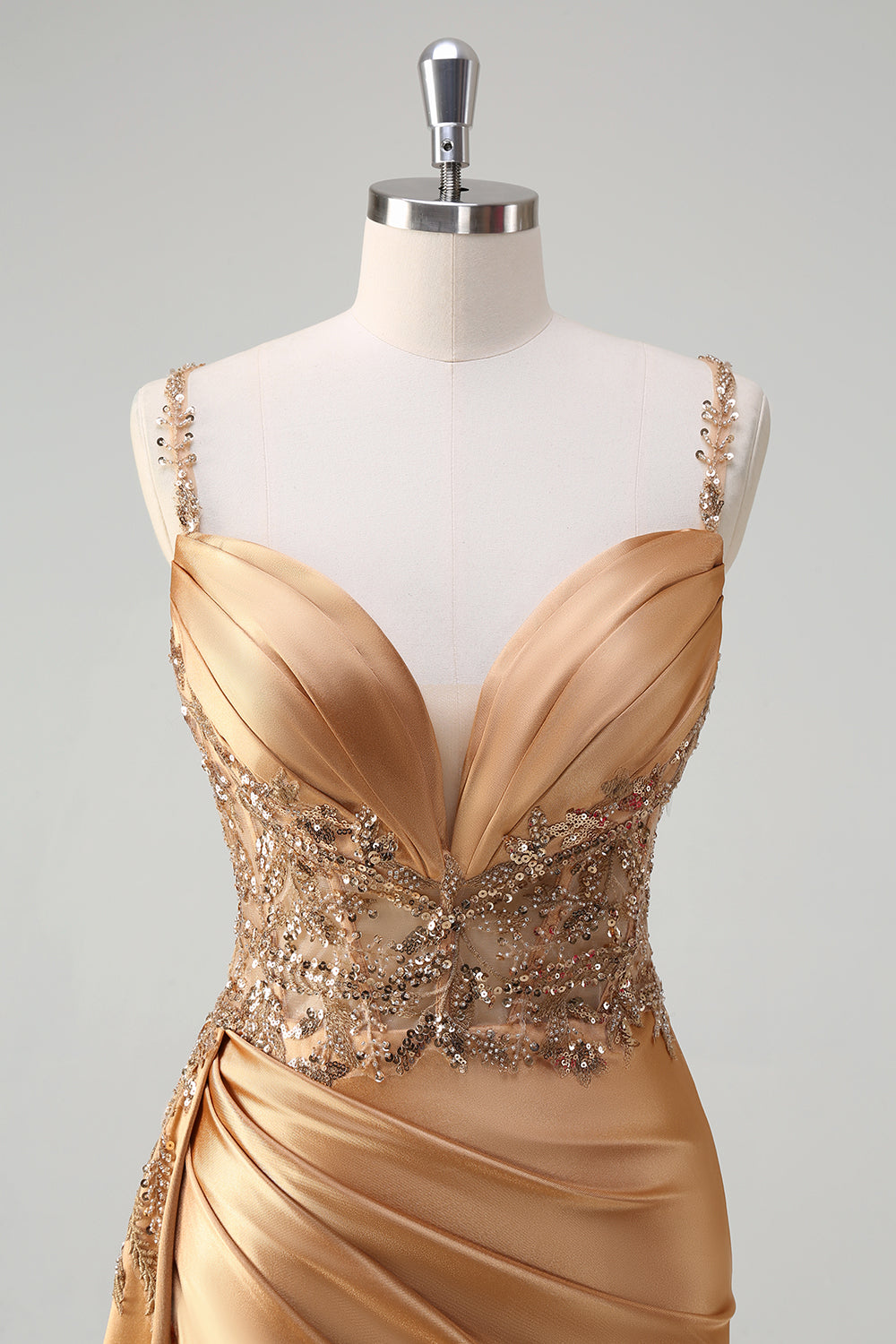 Sparkly Champagne Mermaid Watteau Train Corset Sequins Satin Formal Dress with Slit