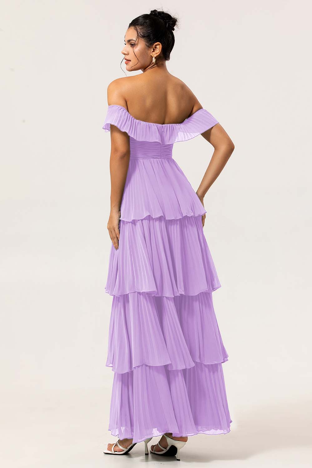 Lilac A Line Pleated Off the Shoulder Tiered Long Bridesmaid Dress with Slit