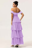 Lilac A Line Pleated Off the Shoulder Tiered Long Bridesmaid Dress with Slit