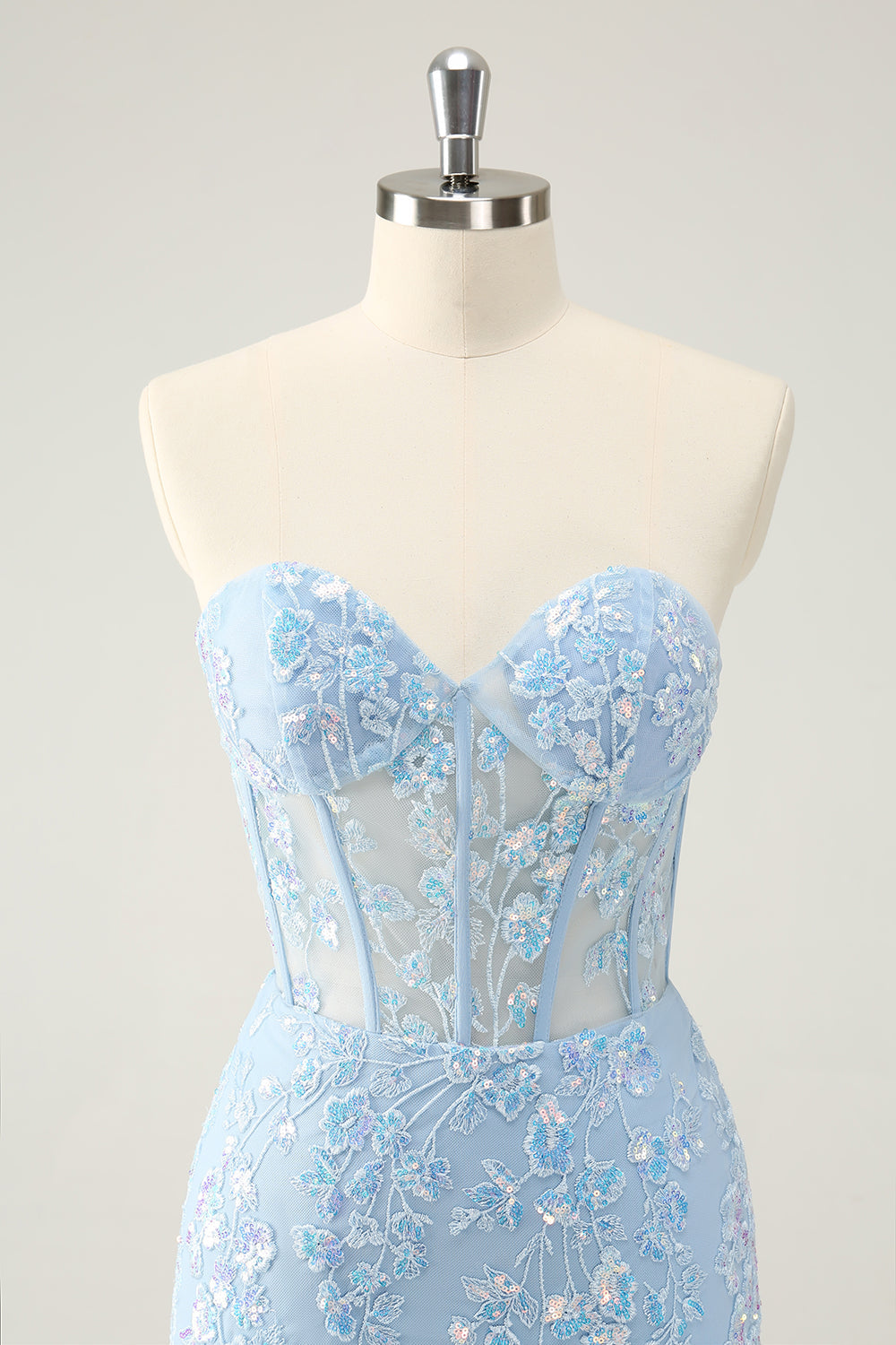 Light Blue Corset Sequins Sweetheart Short Tight Cocktail Dress with Lace-up Back