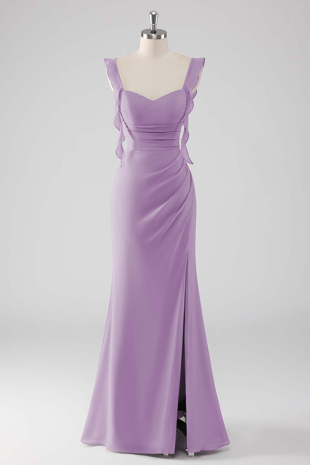 Sage Green Ruffled Sheath Lace-Up Back Long Bridesmaid Dress with Slit