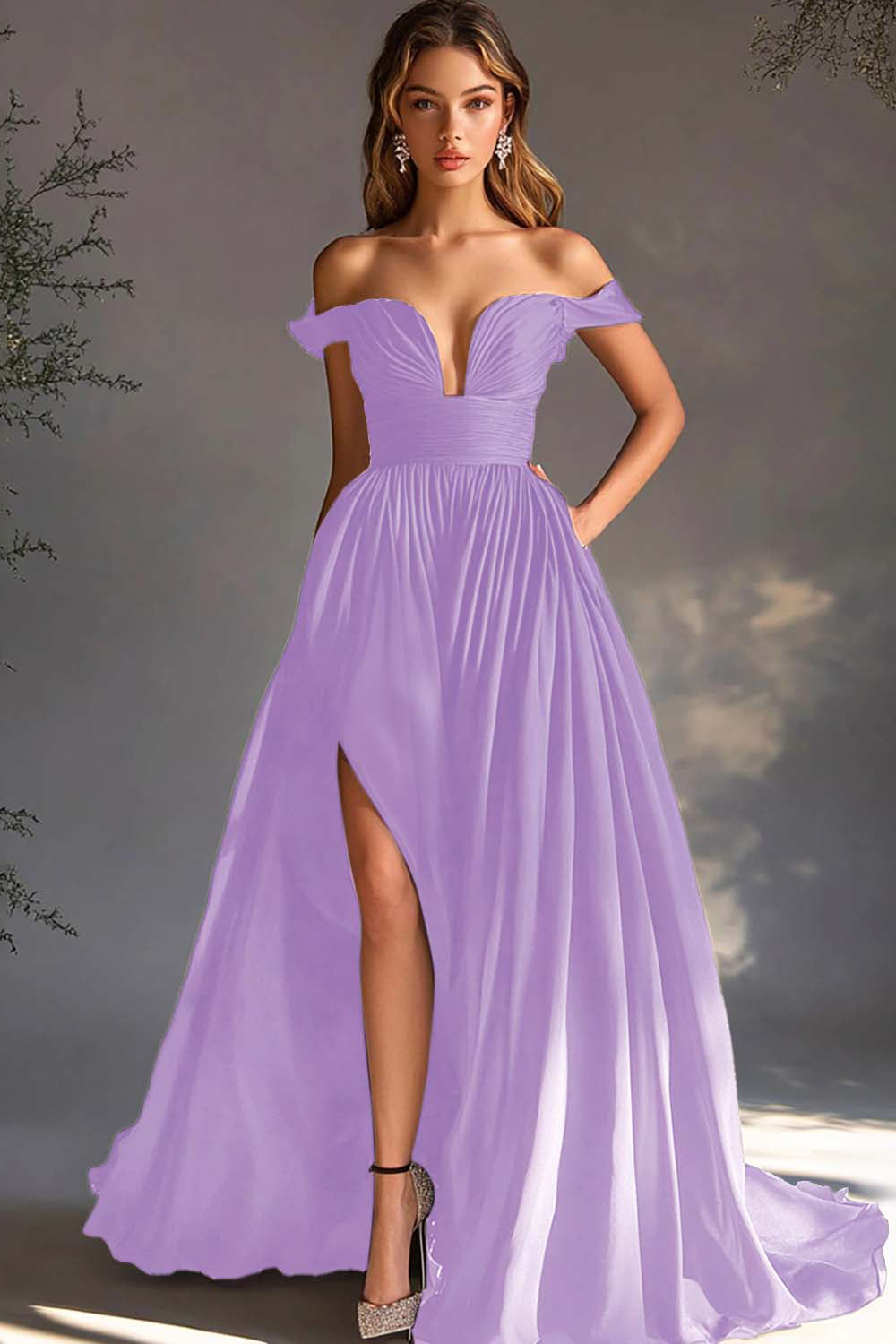 Black Off The Shoulder A Line Chiffon Long Formal Dress with Slit
