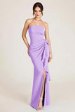 Sky Blue Satin Strapless Mermaid Ruched Long Formal Dress With Slit