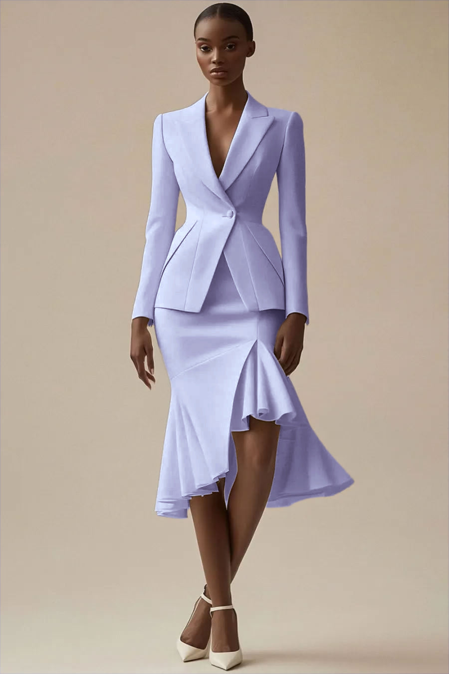 Burgundy Ruffled Peak Lapel 2 Piece Midi Work Dress