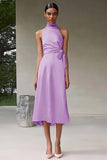 Pink Satin A Line High Neck Sleeveless Midi Formal Dress