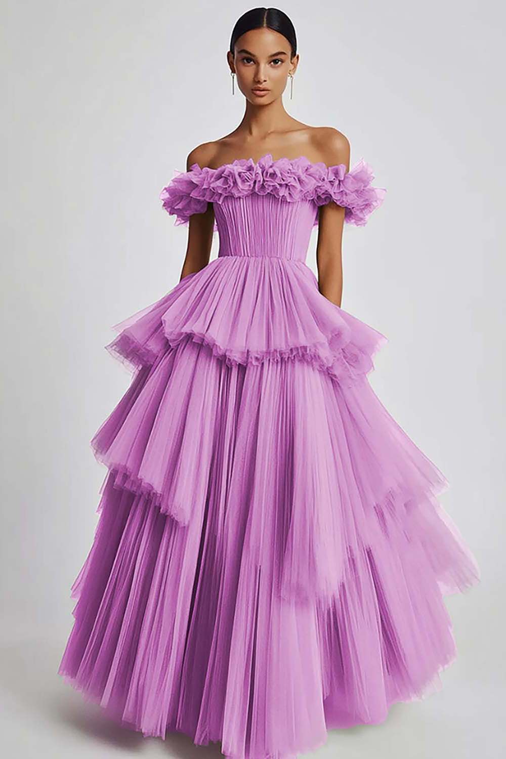 Black Tulle Off The Shoulder Ball Gown Long Formal Dress with Ruffles
