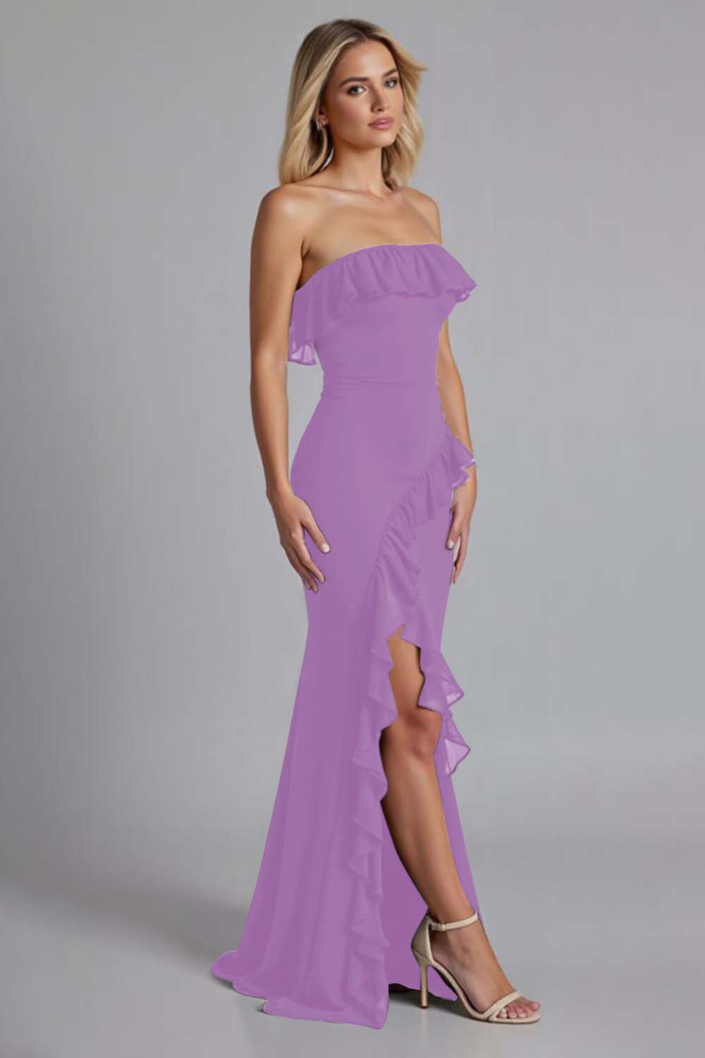 Black Chiffon Ruffled Strapless Long Formal Dress with Slit