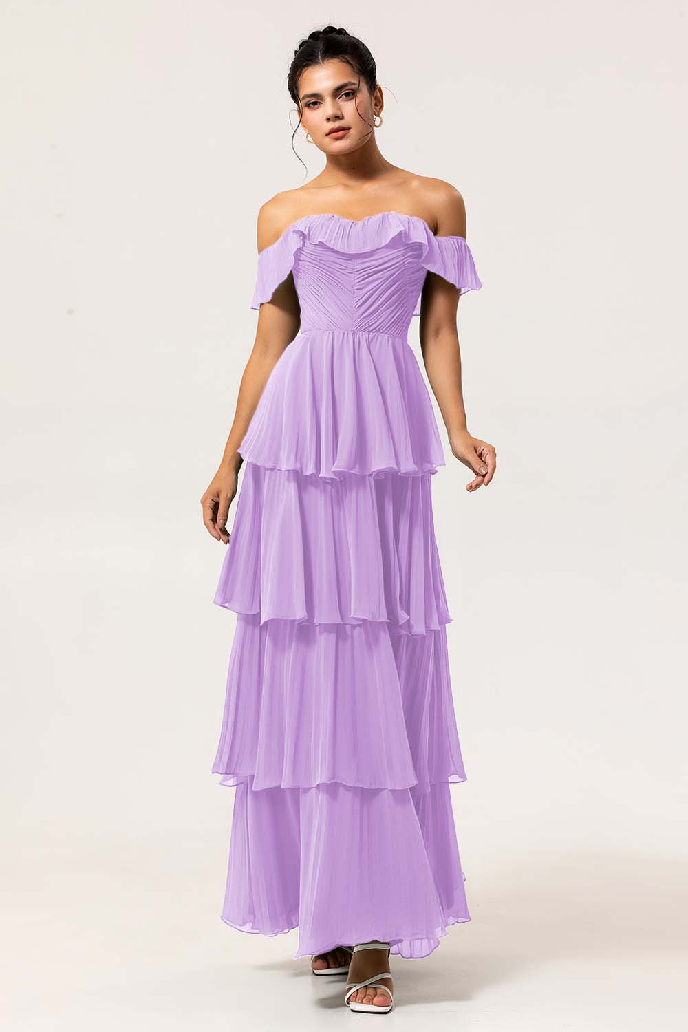Lilac A Line Pleated Off the Shoulder Tiered Long Bridesmaid Dress with Slit
