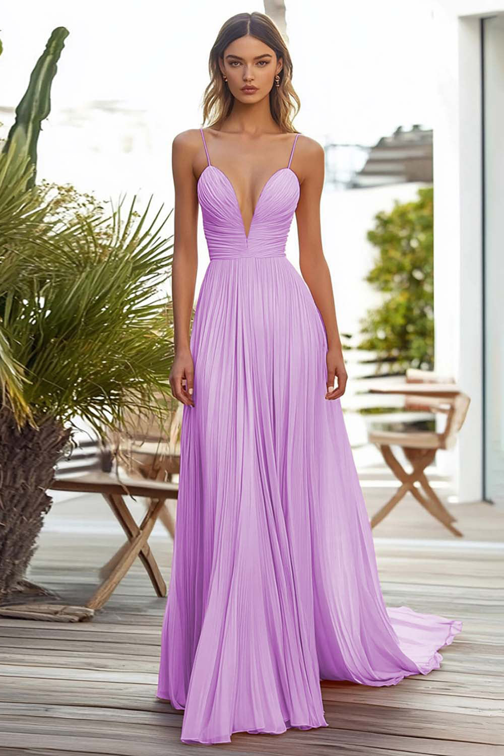 Pink Chiffon A Line Spaghetti Straps Pleated Long Wedding Guest Dress