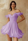 White Chiffon A Line Ruffled Off the Shoulder Pleated Short Graduation Dress