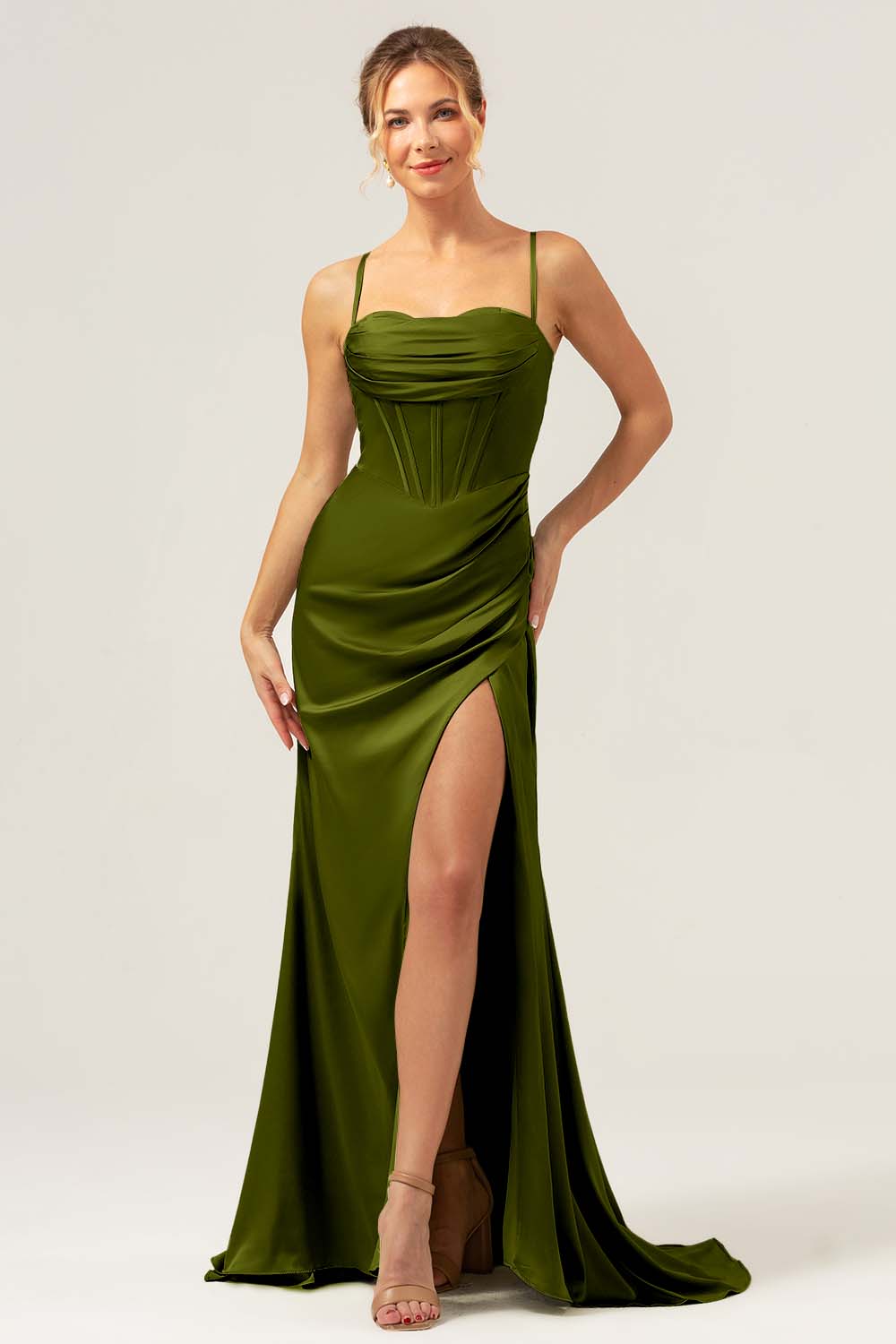 Dark Green Mermaid Spaghetti Straps Corset Satin Bridesmaid Dress with Slit